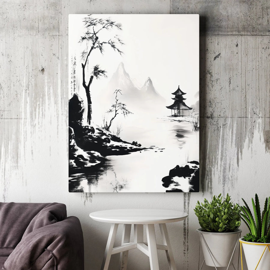 Japanese Ink Wash Painting Canvas | Black and White Pagoda Landscape | Premium Gallery Wrap Wall Art | Zen Home Decor for Living Room