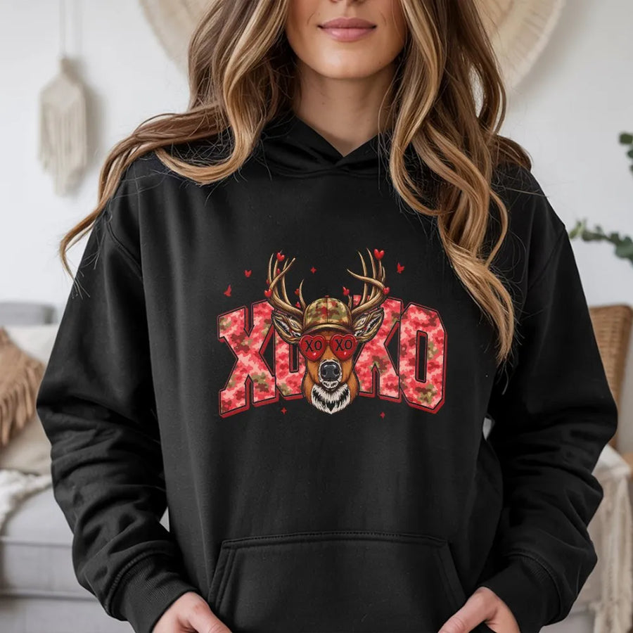 Valentine Deer Hoodie | Pink Camo XOXO Graphic with Heart Sunglasses | Premium Soft Cotton Blend | Valentine's Day Gift for Her