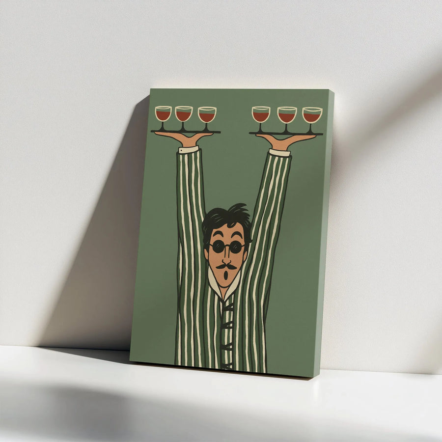 Retro Waiter Wall Art | Mustache Man Holding Wine Trays | Premium Gallery Wrapped Canvas | Kitchen or Bar Decor Gift