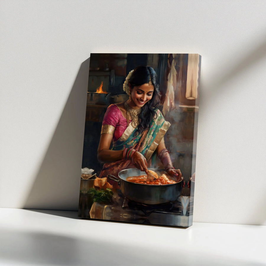 Indian Woman Cooking Canvas Wall Art | Traditional Kitchen Oil Painting Style | Premium High-Resolution Print | Cultural Kitchen & Home Decor Gift