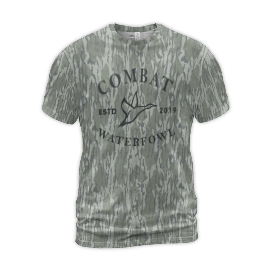 Combat Waterfowl Hunting T-Shirt | Flying Duck Logo Camo Print | Premium Poly-Spandex Blend | Gift for Outdoorsmen and Duck Hunters