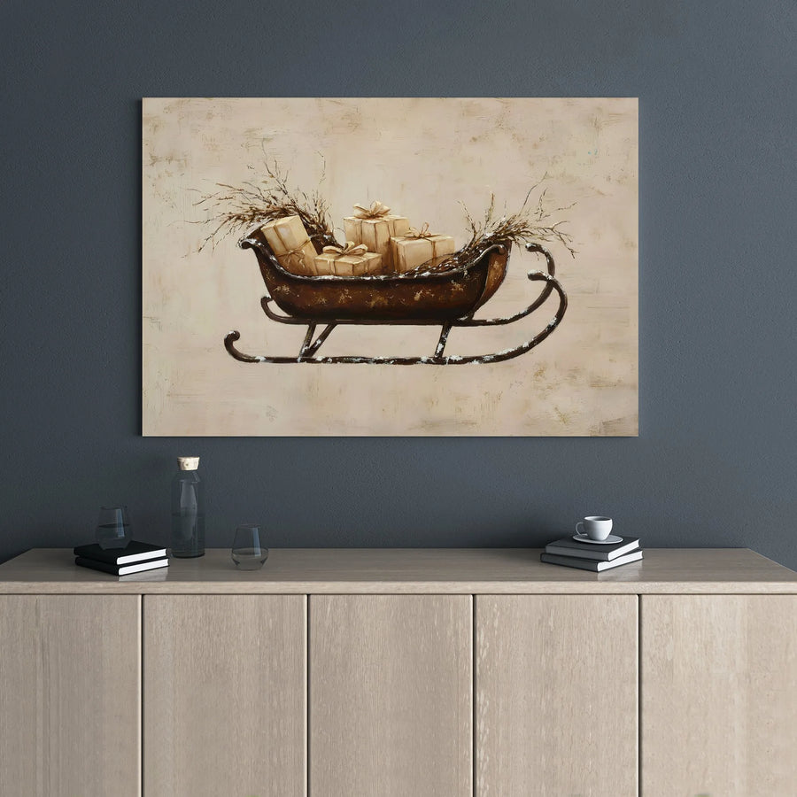 Rustic Christmas Sleigh Wall Art | Vintage Winter Gift Box Canvas Print | Premium Gallery Wrap Decor | Holiday Farmhouse Home Accent