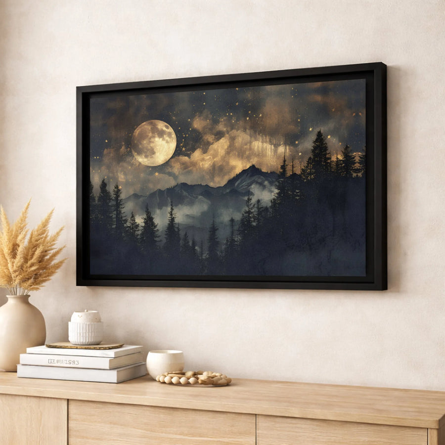 Full Moon Mountain Canvas Wall Art | Midnight Forest Landscape Decor | Gallery Quality 1.25-inch Profile | Nature Lover Home Gift