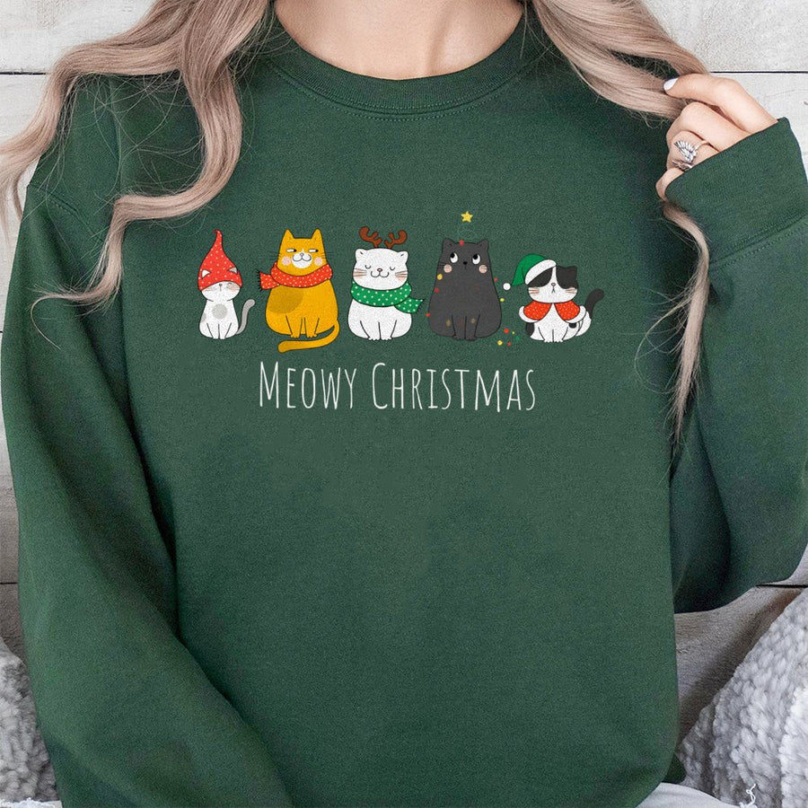 Meowy Christmas Sweatshirt | Cute Cat Holiday Graphic | Premium Cotton Blend Crewneck | Funny Gift for Cat Lovers