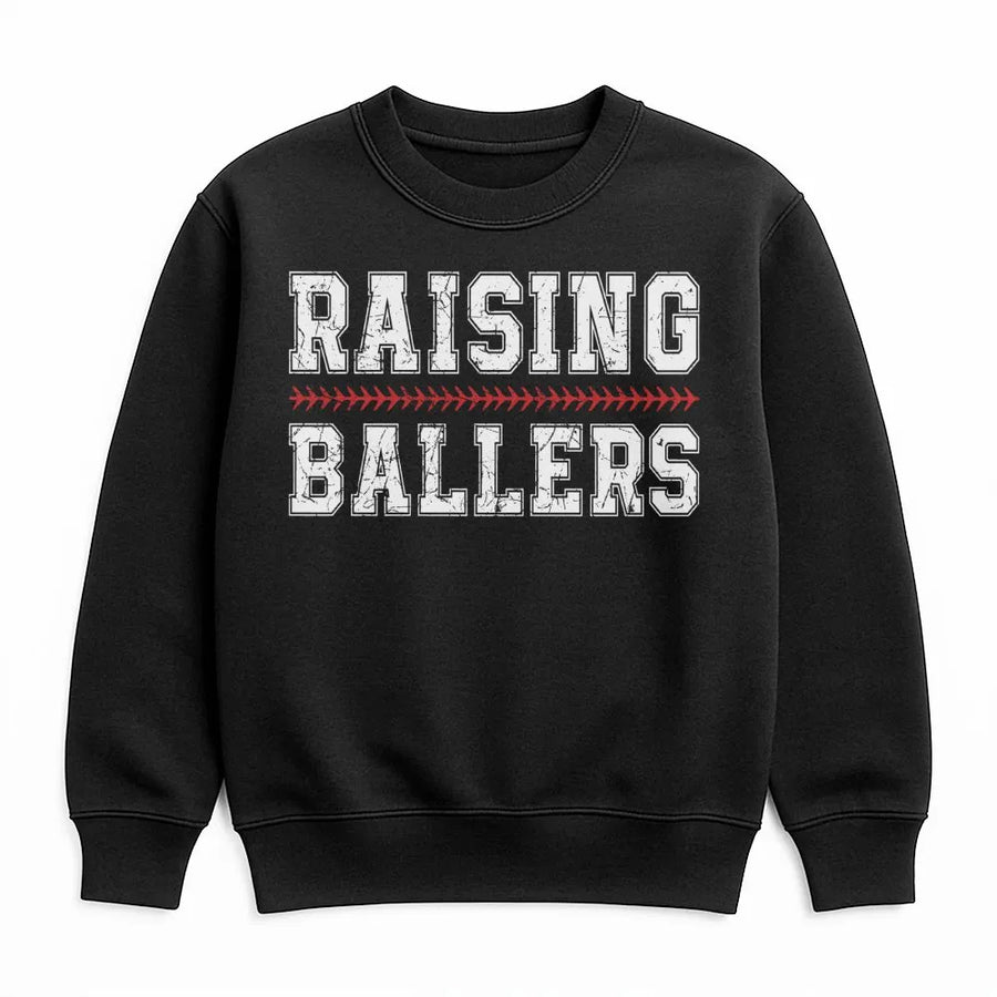 Raising Ballers Sweatshirt | Distressed Baseball Mama Shirt | Premium Cotton Blend Crewneck | Baseball Season Gift for Mom Sports Fan