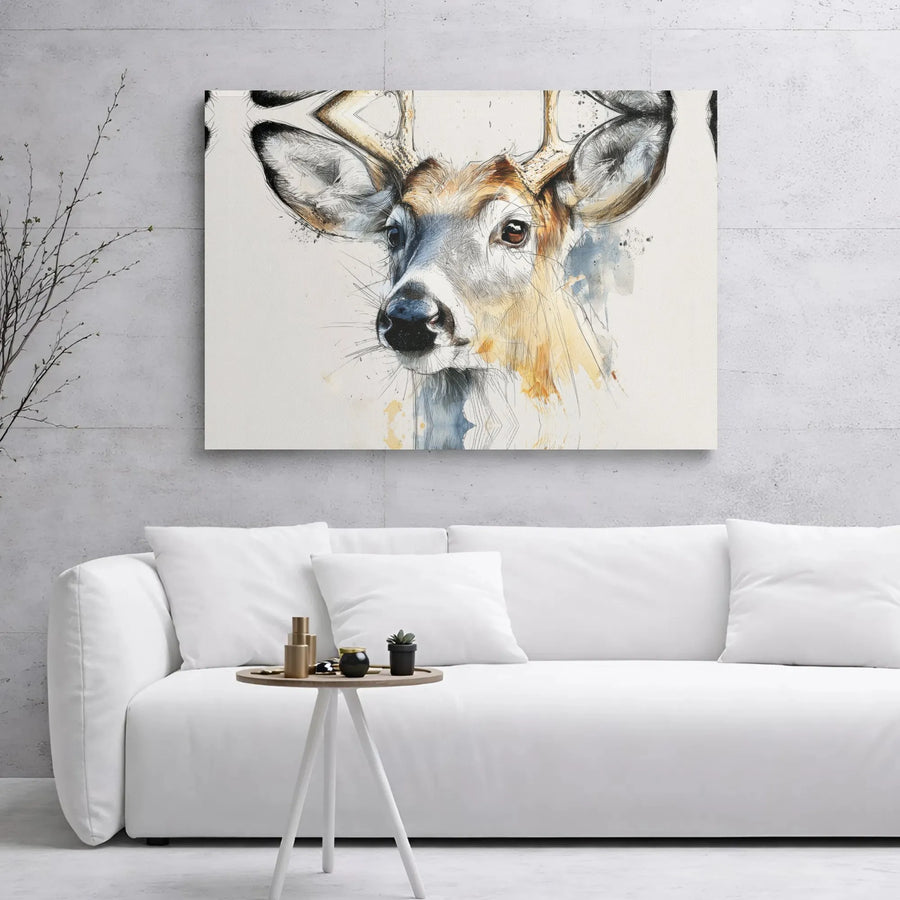 Deer Wall Art Canvas | Watercolor Sketch Animal Print | Premium Gallery Wrap 1.25 Inch Frame | Rustic Home Decor Gift for Nature Lovers