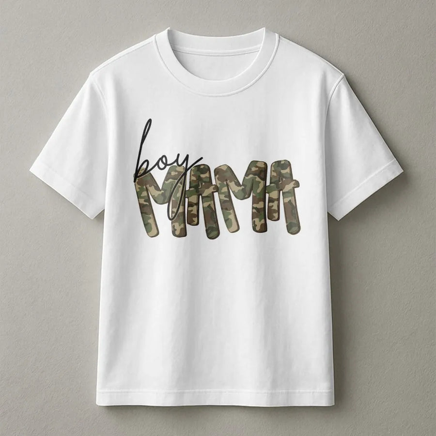 Boy Mama Graphic T-Shirt | Camo Lettering Print Design | 100% Soft Cotton | Trendy Mom Life Gift for Her