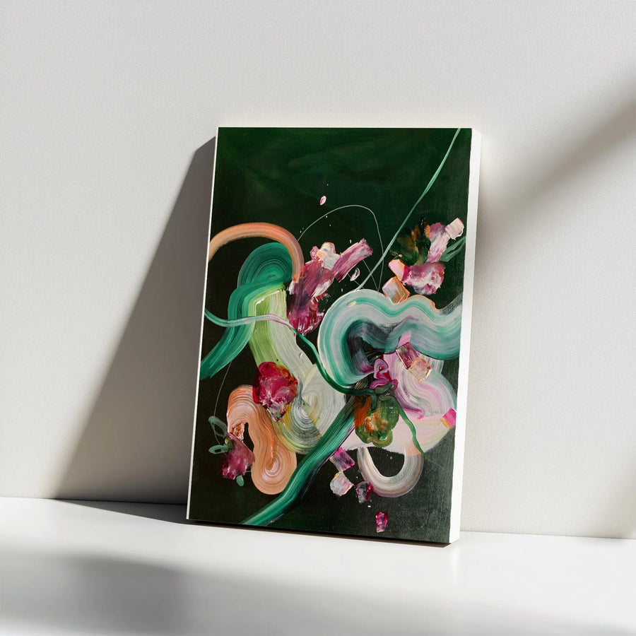 Abstract Floral Vertical Canvas | Colorful Gestural Painting Print on Dark Green Background | Premium Gallery Wrapped Canvas | Modern Living Room Wall Art Gift