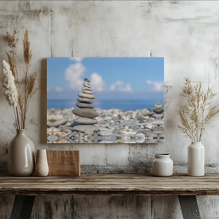 Zen Stacked Stone Canvas Wall Art | Serene Pebble Cairn Beach Photography | Premium 1.25" Gallery Wrap | Calming Home Office Decor