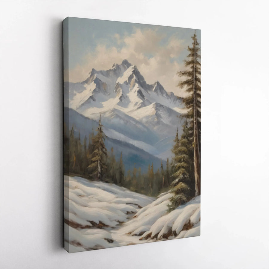 Winter Mountain Landscape Canvas Art | Snowy Pine Forest Oil Painting Print | Premium Gallery Wrap Decor | Nature Lover Living Room Wall Art
