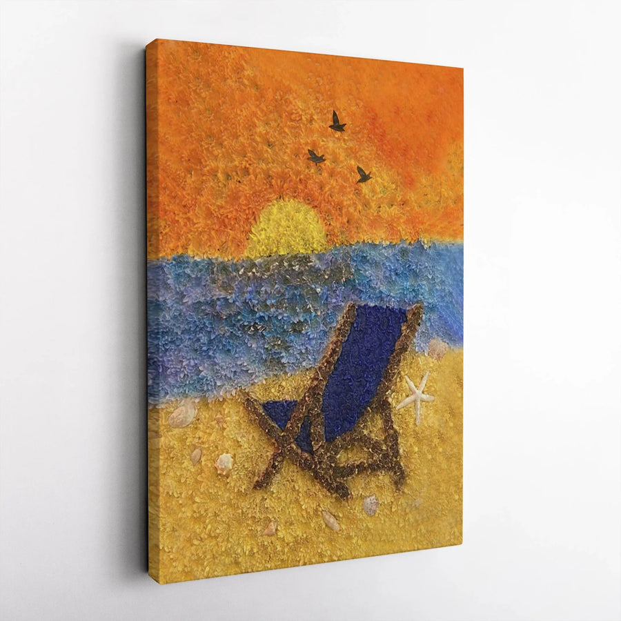 Beach Sunset Canvas Wall Art | Relaxing Coastal Chair Scene | Premium Gallery-Wrapped Print | Coastal Home Decor for Living Room