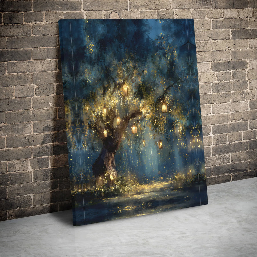 Enchanted Forest Canvas Wall Art | Magical Glowing Lanterns Night Landscape | Premium Gallery Wrap Print | Whimsical Home Decor Gift