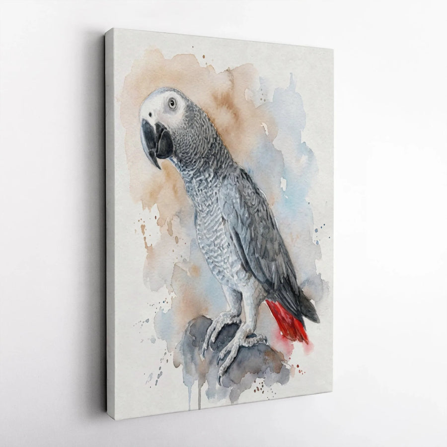 African Grey Parrot Wall Art | Watercolor Bird Portrait Print | Premium Gallery Wrap Canvas | Gift For Parrot Owners And Bird Lovers
