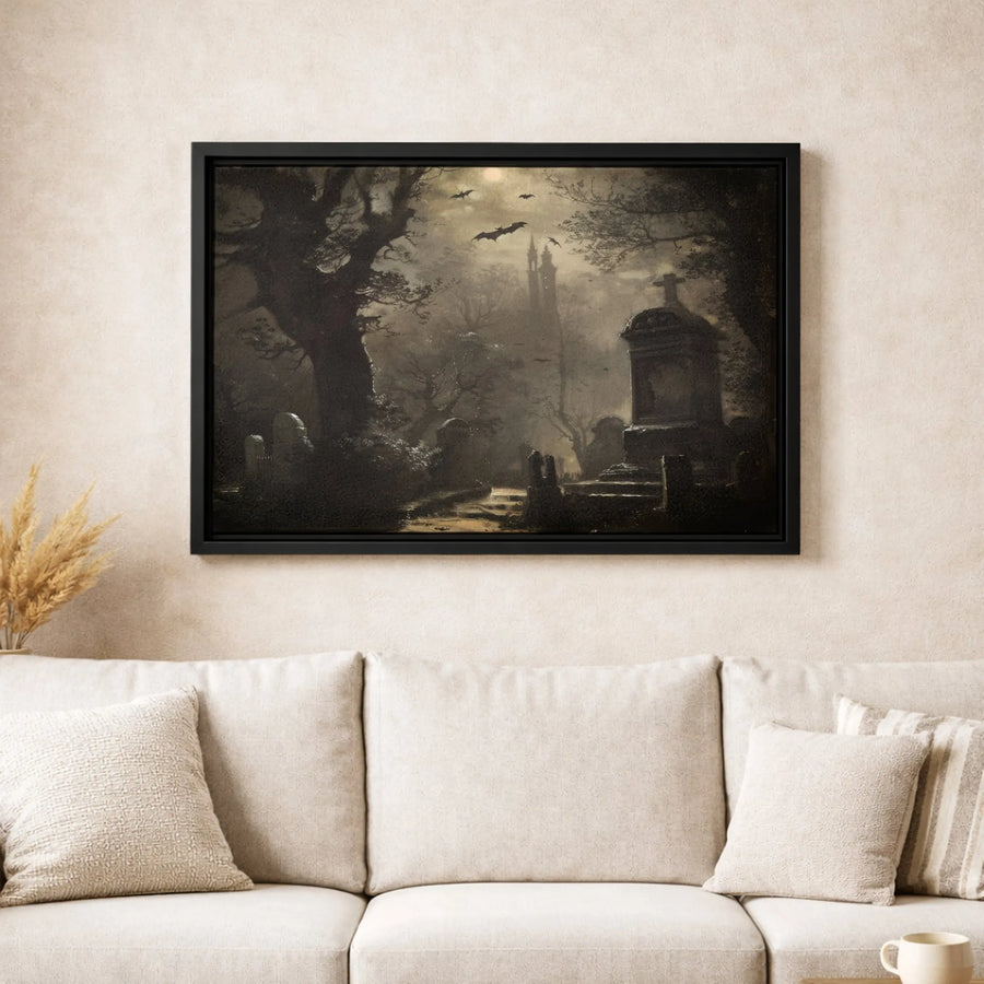 Gothic Graveyard Canvas Wall Art | Spooky Night Cemetery with Bats and Moon | Premium Gallery-Wrapped Print | Dark Academia Home Decor Gift