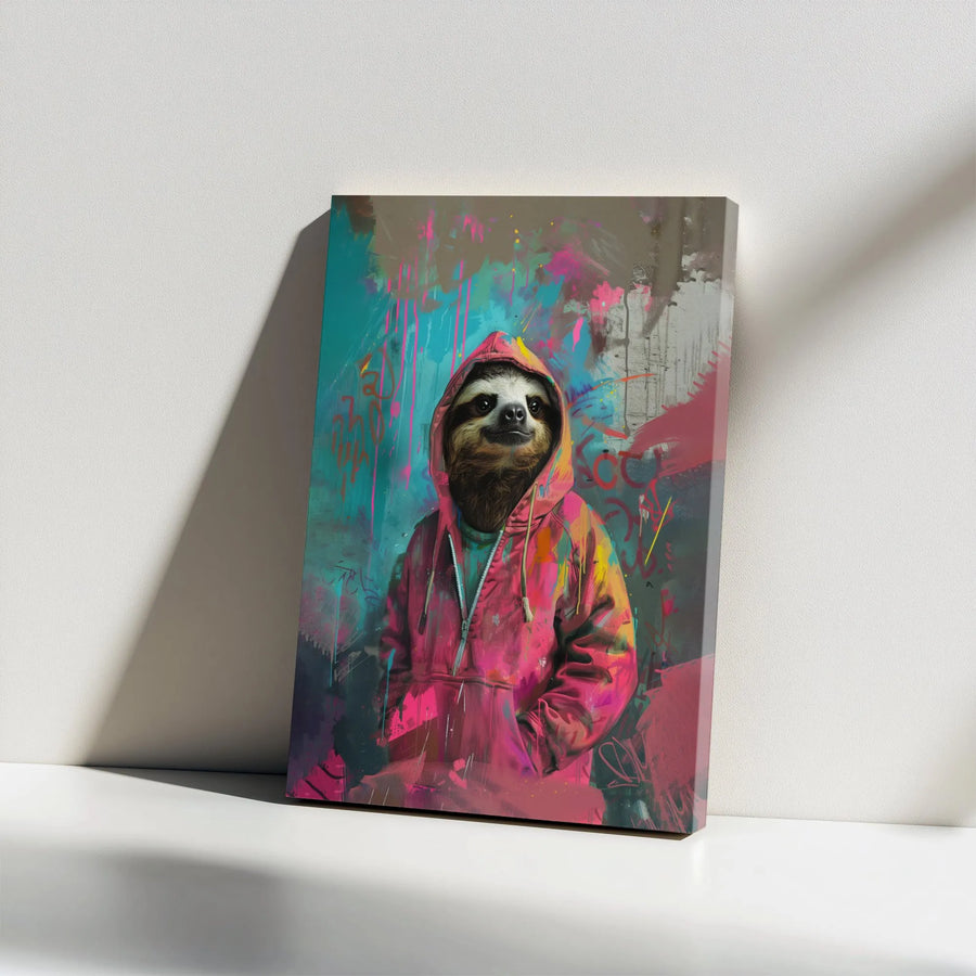 Graffiti Sloth Canvas Wall Art | Urban Street Art Style Sloth in Hoodie | Premium Gallery Wrapped Canvas | Modern Home & Dorm Decor Gift