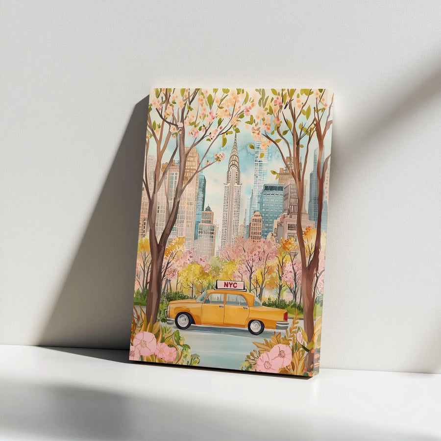 New York City Spring Canvas | Watercolor Painting Print with Yellow Taxi | Premium Thick Gallery Wrap Wall Art | Gift for NYC Lover Apartment Decor