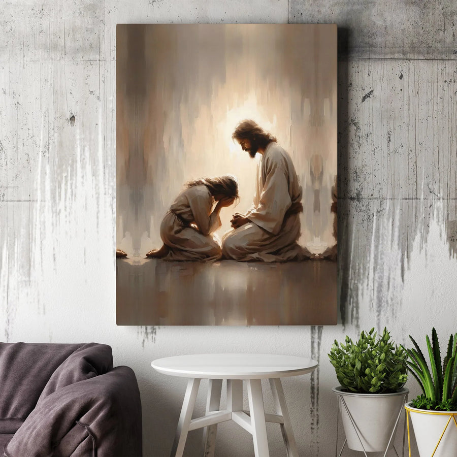 Jesus and Praying Woman Canvas Print | Spiritual Christian Wall Art | Premium Gallery-Wrapped Decor | Religious Gift for Home or Church