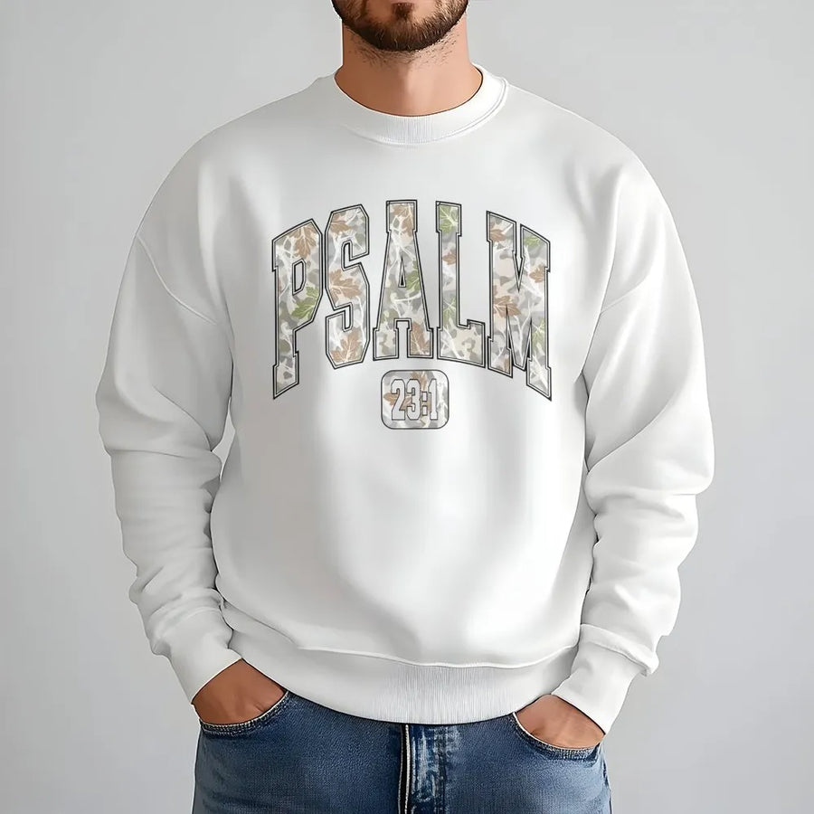 Psalm 23:1 Sweatshirt | Camo Leaf Varsity Print | Premium Cotton Blend | Christian Faith Gift for Him or Her