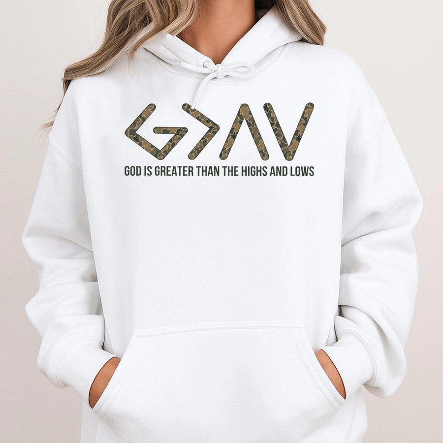 God Is Greater Than The Highs And Lows Hoodie | Christian Faith Camo Lettering | Premium Cotton Blend | Unisex Inspirational Gift for Believers