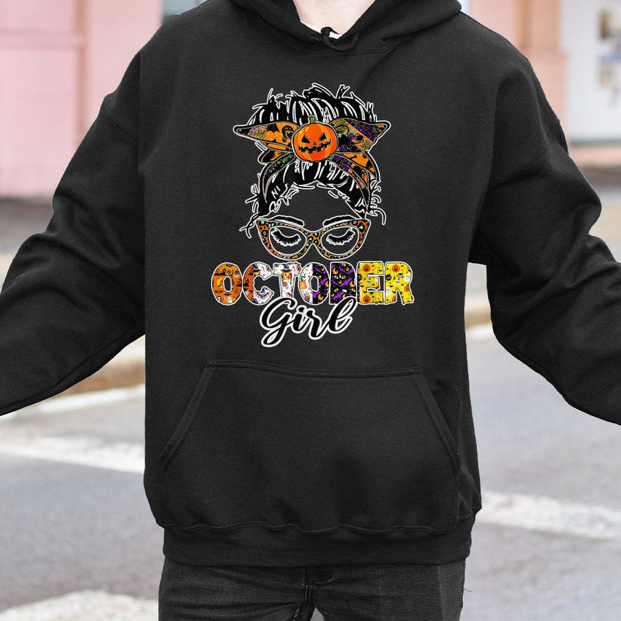 October Girl Halloween Hoodie | Messy Bun Pumpkin Witch Graphic | Cotton-Poly Premium Blend | Cute Fall Birthday Gift For Women