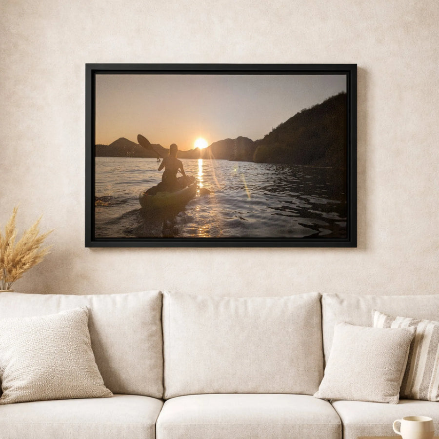 Kayaking Sunset Canvas Wall Art | Serene Lake Paddle Sport Decor | Gallery-Wrapped 1.25" Professional Print | Adventure Lover Nature Gift