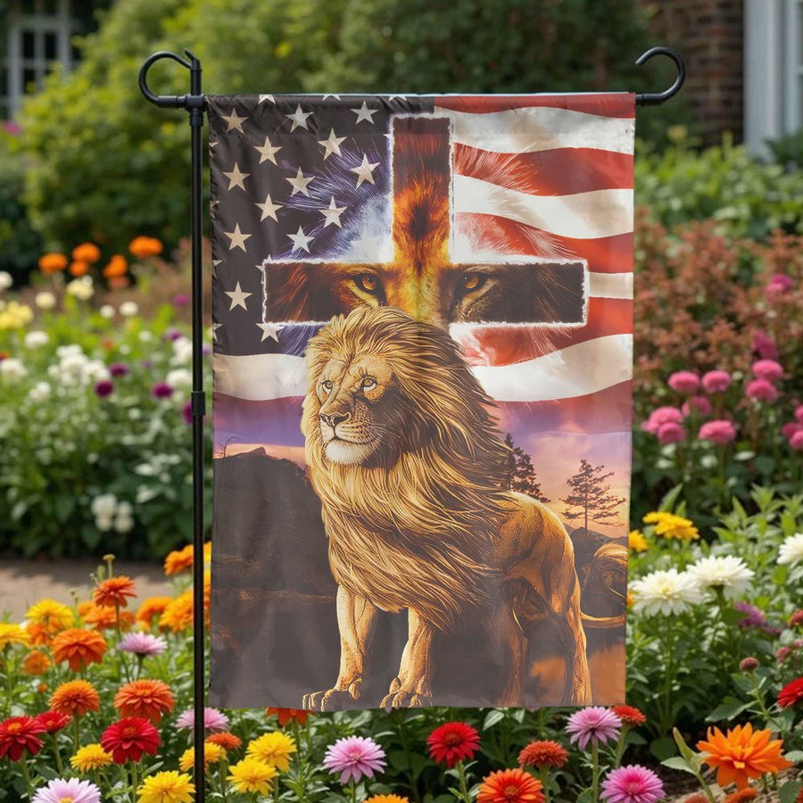 Lion of Judah Garden Flag | Christian American Flag With Cross | Premium Weather-Resistant Polyester | Patriotic Religious Outdoor Decor Gift