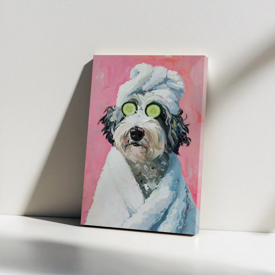 Dog Spa Day Canvas Wall Art | Funny Pet Painting with Cucumber Slices | Premium Gallery Wrap Decor | Gift for Dog Lovers & Bathroom Wall