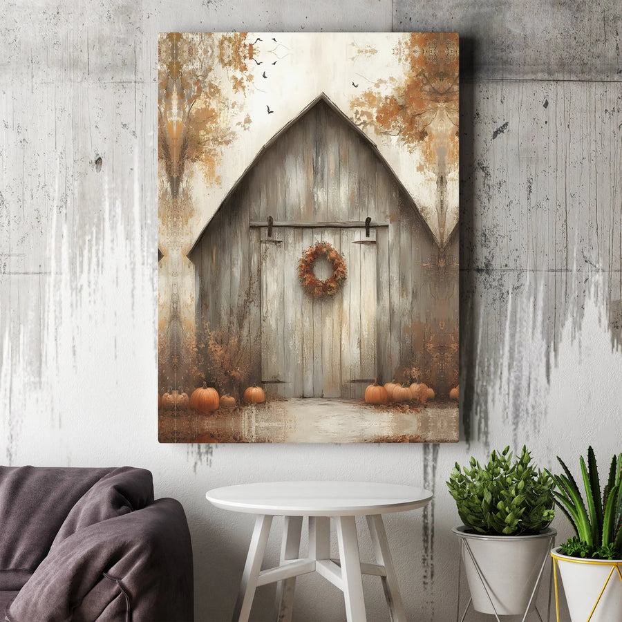 Rustic Autumn Barn Canvas Wall Art | Farmhouse Pumpkin Wreath Decor | Gallery-Quality 1.25" Profile Print | Seasonal Fall Living Room Gift