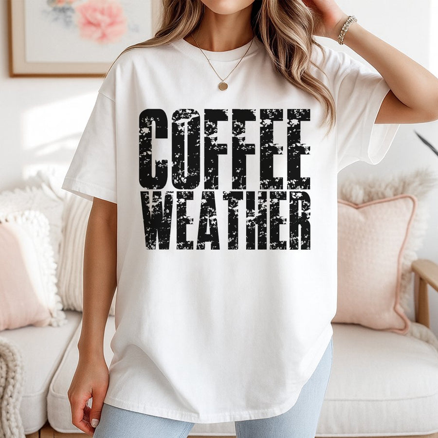 Coffee Weather T-Shirt | Distressed Typography Fall Graphic | 100% Cotton Premium Soft Tee | Gift For Coffee Lovers Autumn Outfit
