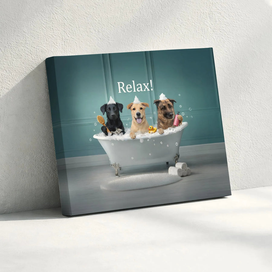 Funny Dogs in Bathtub Canvas Wall Art | Whimsical Puppies Bubble Bath | Premium Gallery Wrapped Print | Bathroom Decor Gift for Dog Lovers