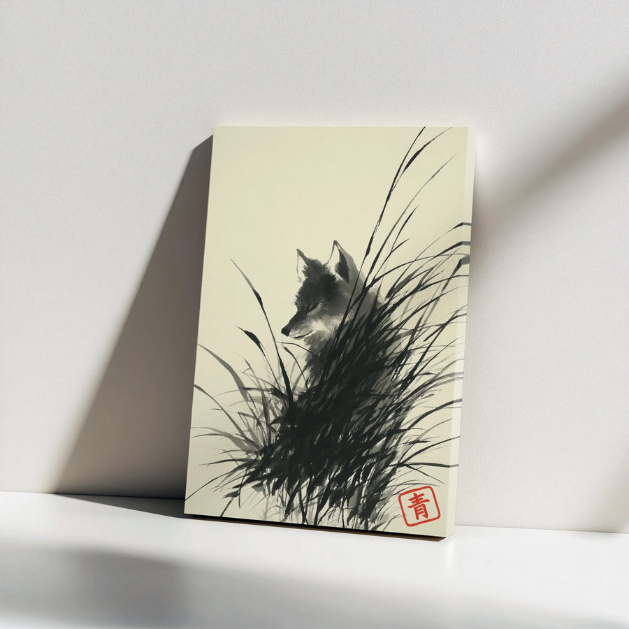 Japanese Fox Canvas Wall Art | Sumi-E Ink Wash Painting | Premium Gallery Wrap Decor | Minimalist Zen Living Room Gift