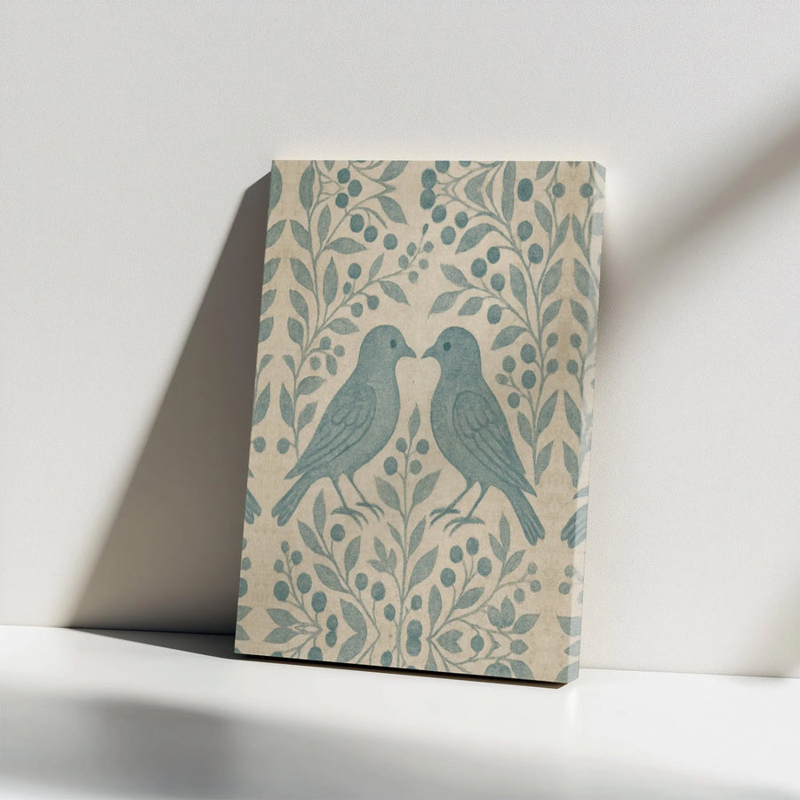 Two Birds Wall Art | Vintage Folk Style Floral Berry Vine Print | Premium Gallery Wrap Canvas | Romantic Home Decor Gift for Nature Lovers