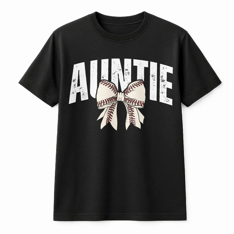 Baseball Auntie T-Shirt | Distressed Baseball Seam Bow Graphic | Premium Comfort Colors Cotton | Game Day Apparel Gift for Aunt