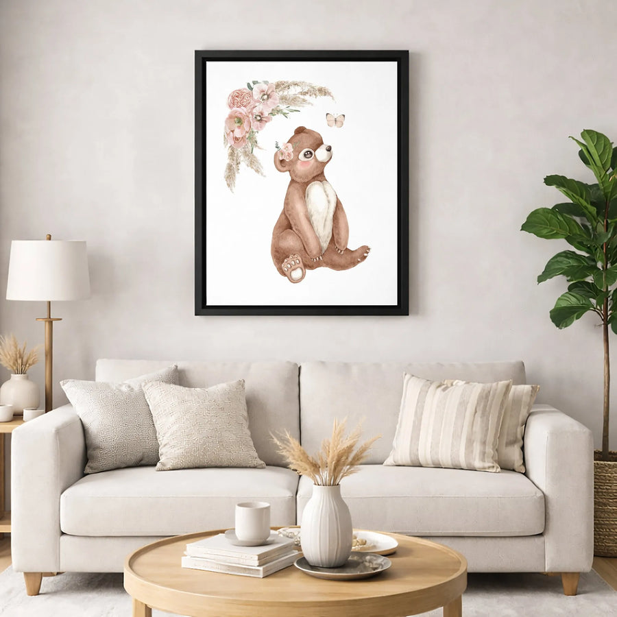 Boho Bear Nursery Wall Art | Watercolor Floral Animal Print | Premium Gallery-Wrapped Canvas | Cute Baby Room Decor Gift