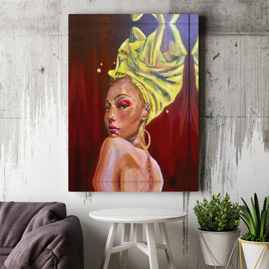 Black Woman Art Canvas | Afrocentric Yellow Head Wrap Portrait | Gallery Wrap Premium Wall Decor | Gift for Her Home Office Interior