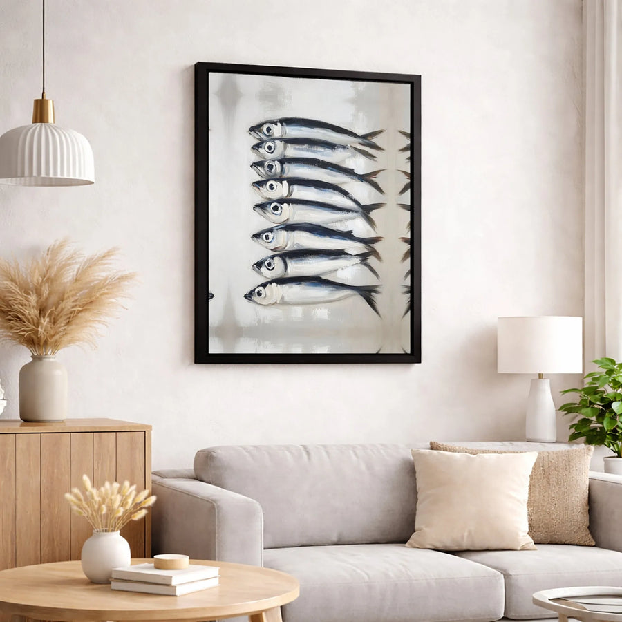 Sardine School Wall Art | Coastal Minimalist Painting | 1.25 Inch Premium Gallery Canvas | Kitchen or Beach House Decor