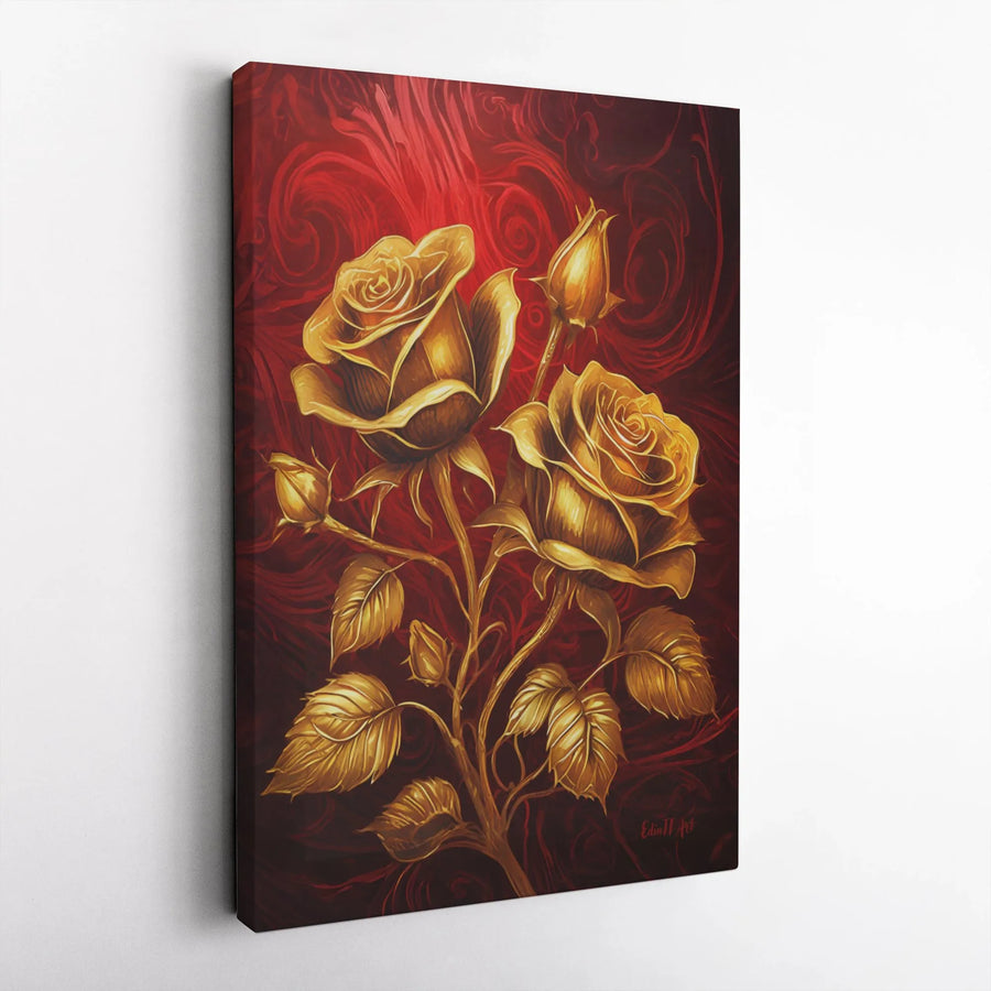Golden Rose Wall Art | Elegant Floral Painting on Deep Red Swirls | Premium Gallery Canvas | Luxury Home Decor Gift for Her