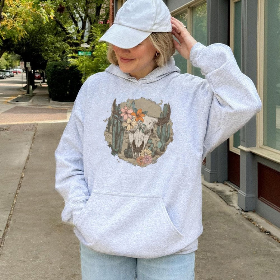 Western Cow Skull Hoodie | Floral Desert Cactus Graphic | Premium Cotton Blend | Boho Southwestern Style Gift for Her