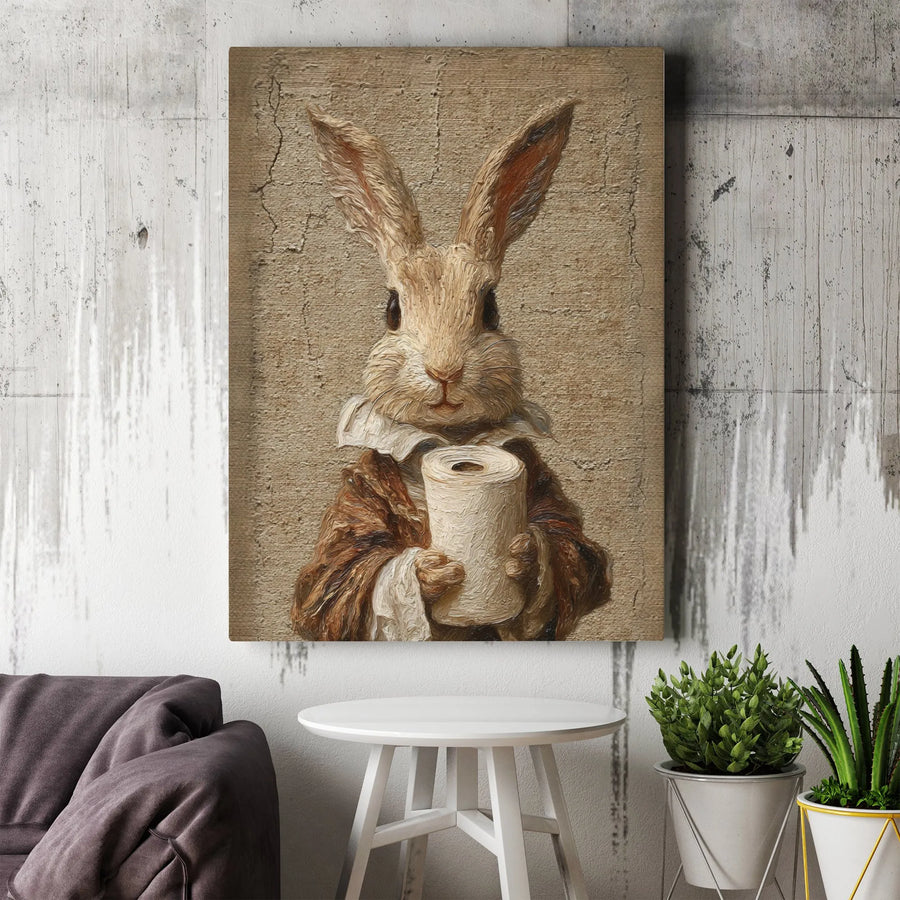 Funny Rabbit Toilet Paper Canvas Art | Vintage Animal Portrait Painting | Premium Gallery Wrapped Canvas | Quirky Bathroom Wall Decor Gift