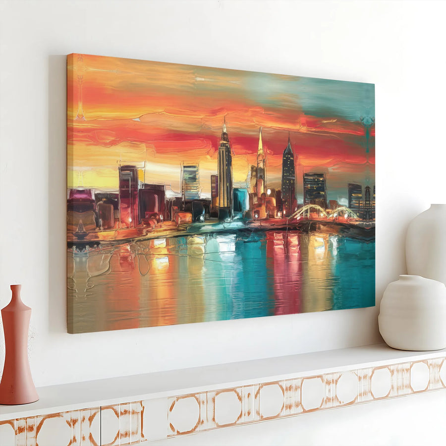 Abstract Cityscape Canvas Wall Art | Textured Paint Effect Sunset Skyline Print | Premium Gallery Wrapped Canvas | Modern Home Office Decor Gift
