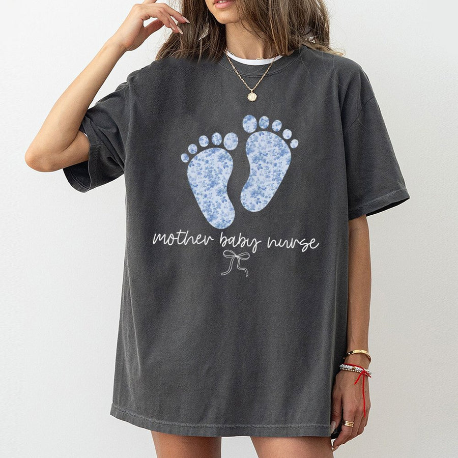 Mother Baby Nurse T-Shirt | Blue Floral Baby Feet Design | 100% Cotton Premium Tee | Coquette Aesthetic L&D RN Gift