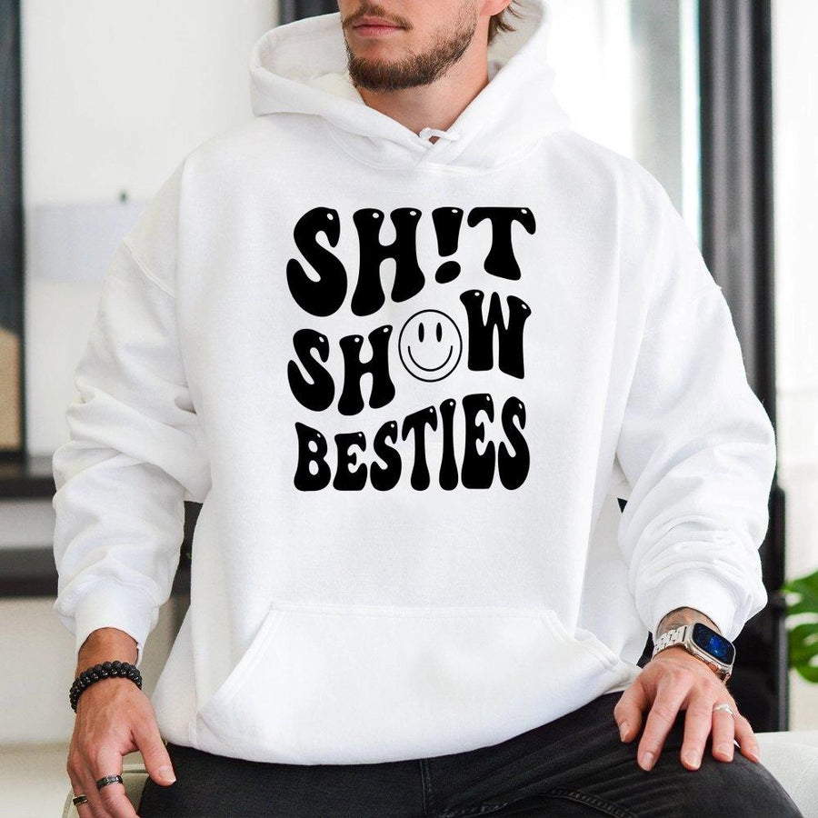 Shit Show Besties Hoodie | Retro Wavy Font Smiley Face Design | Premium Cotton Blend | Funny Matching Best Friend Gift for Women