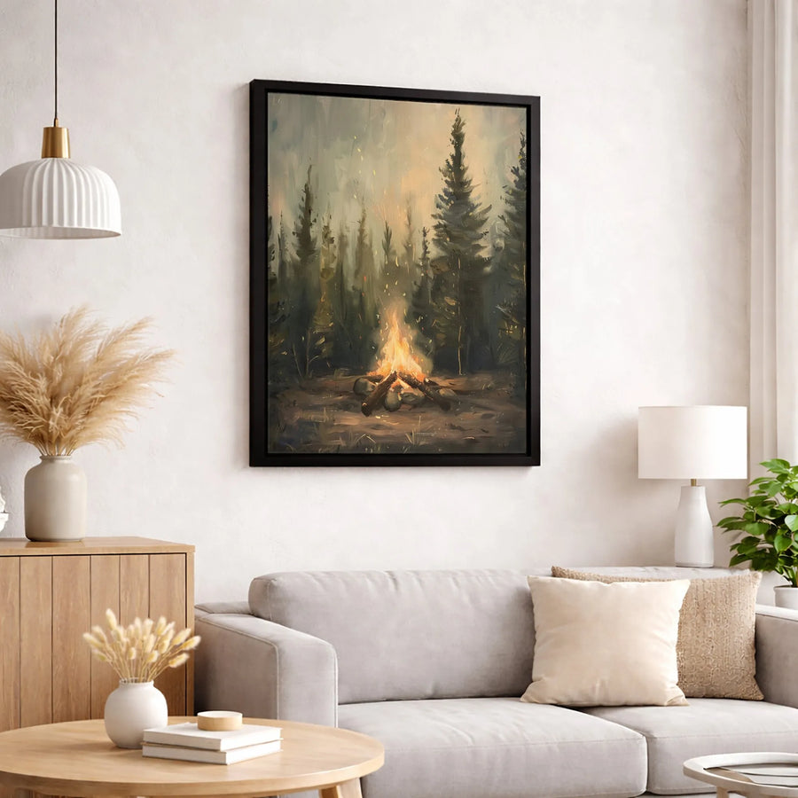 Campfire Forest Wall Art | Misty Pine Tree Landscape Painting | Premium Gallery Wrap Canvas | Rustic Cozy Cabin Decor Gift for Nature Lovers