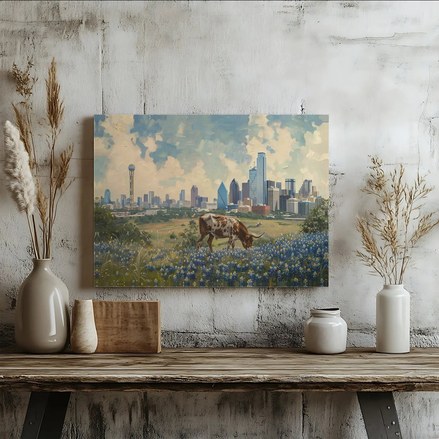 Dallas Skyline Canvas Print | Texas Longhorn & Bluebonnets Landscape | Premium Gallery-Wrapped Art | Texas Home Decor Gift
