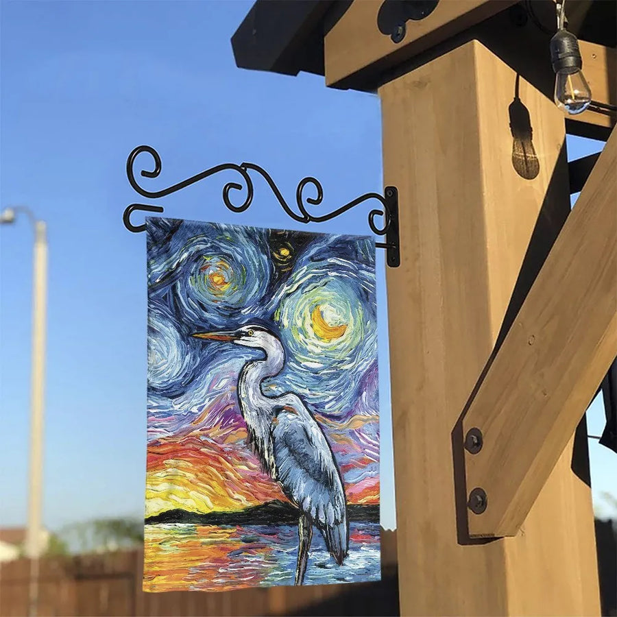 Great Blue Heron Garden Flag | Starry Night Impressionist Art Print | Weather-Resistant Polyester | Outdoor Yard Decor Gift for Bird Lovers