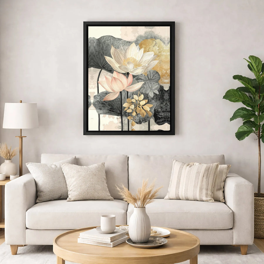 Abstract Lotus Flower Canvas Wall Art | Gold And Pink Botanical Print | Premium 1.25-Inch Gallery Wrap | Elegant Home Decor For Bedroom Or Living Room