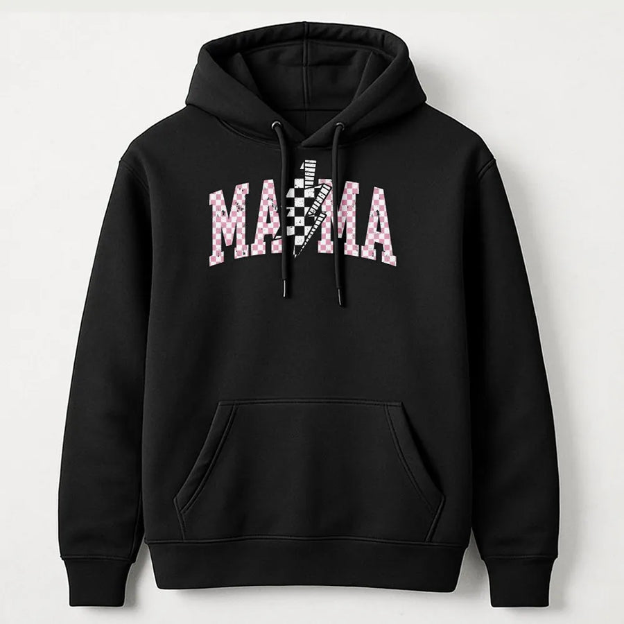 Retro Mama Hoodie | Checkerboard Lightning Bolt Varsity Graphic | Soft Cotton Blend | Mothers Day Gift for New Mom