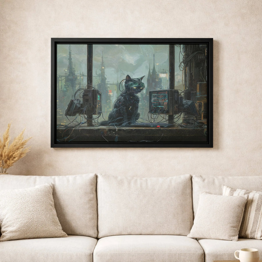 Cyberpunk Cat Canvas Print | Futuristic Cyborg Tech Wall Art | Gallery-Quality 1.25 Inch Frame | Sci-Fi Gift for Gamers