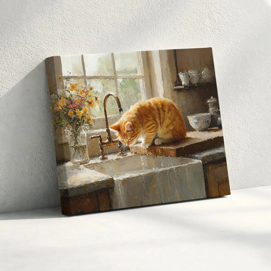Orange Tabby Cat Wall Art | Impressionist Kitchen Sink Painting | Premium Gallery Wrap Canvas | Cozy Animal Lover Home Decor Gift