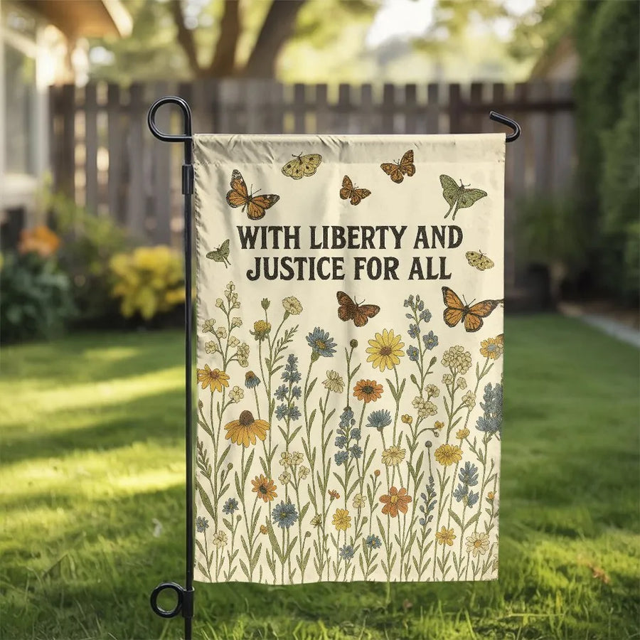 Liberty and Justice For All Garden Flag | Vintage Wildflower & Butterfly Art | Double Sided Polyester Banner | Patriotic Yard Decor Gift